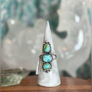 NWT Navajo Handmade Lorenzo Juan Sonoran Gold Turquoise 3 Stone SS Ring Size 9